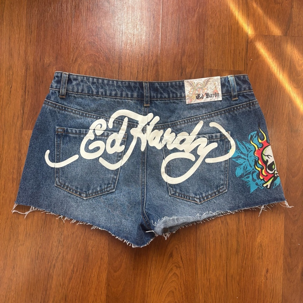 Ed Hardy Blue Jean Shorts Distressed Cut-Off